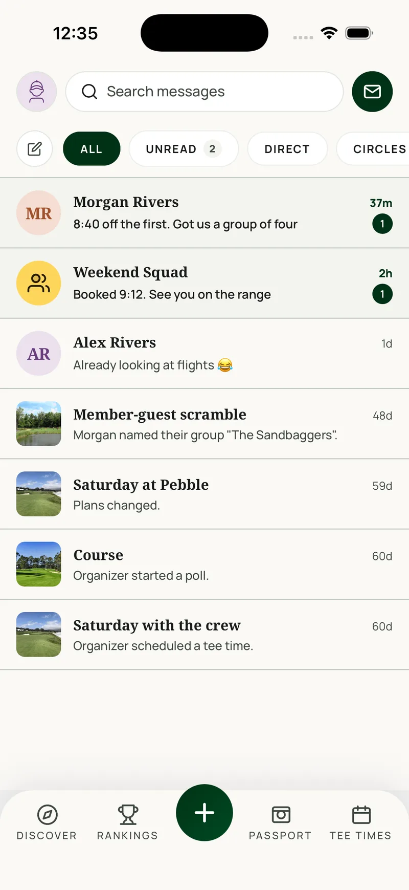 Direct messages: conversations with golf friends about upcoming rounds.