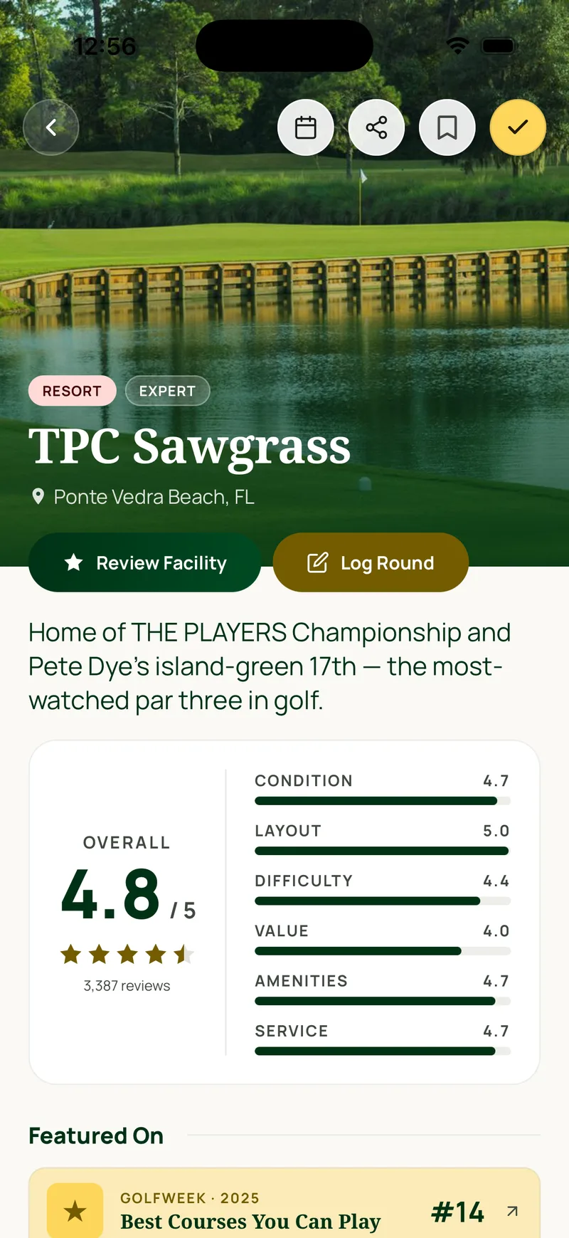 TPC Sawgrass club page: an overall 4.8 rating broken into condition, layout, difficulty, value, amenities and service, and a Featured On badge for Golfweek's Best Courses You Can Play.